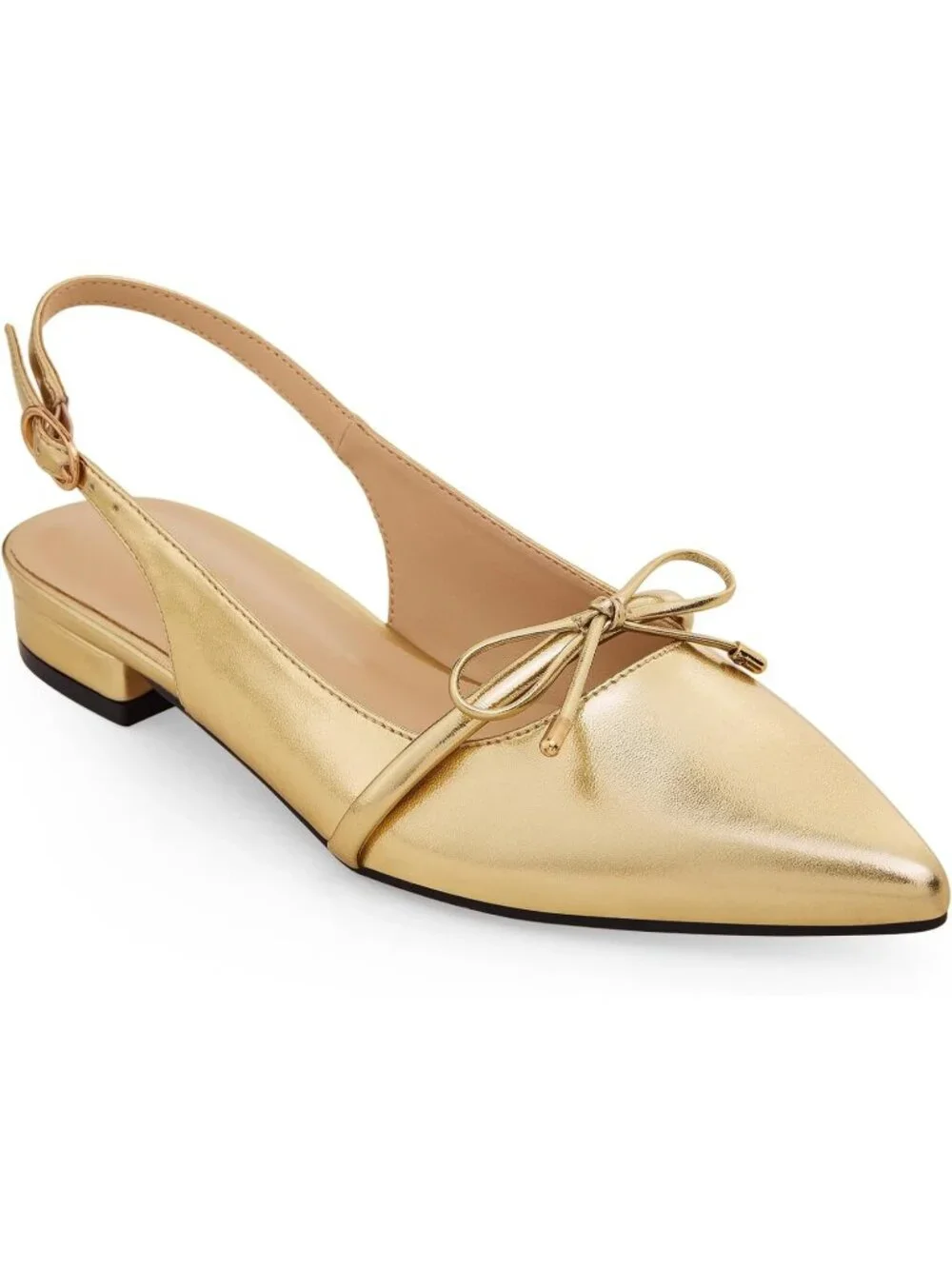 Women's Gold Slingback Flats Closed Pointed Toe Bow Low Block Chunky Heel Shoes